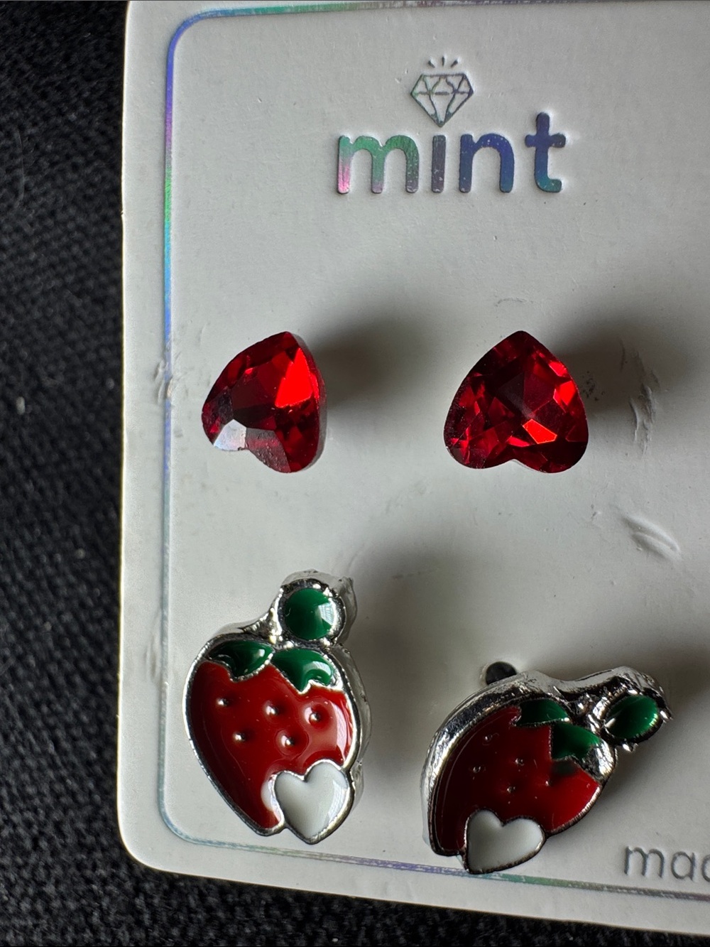 ★ Mint Strawberry Earring Set Heart Gem Studs & Strawberry Hoops - Picture 3 of 4